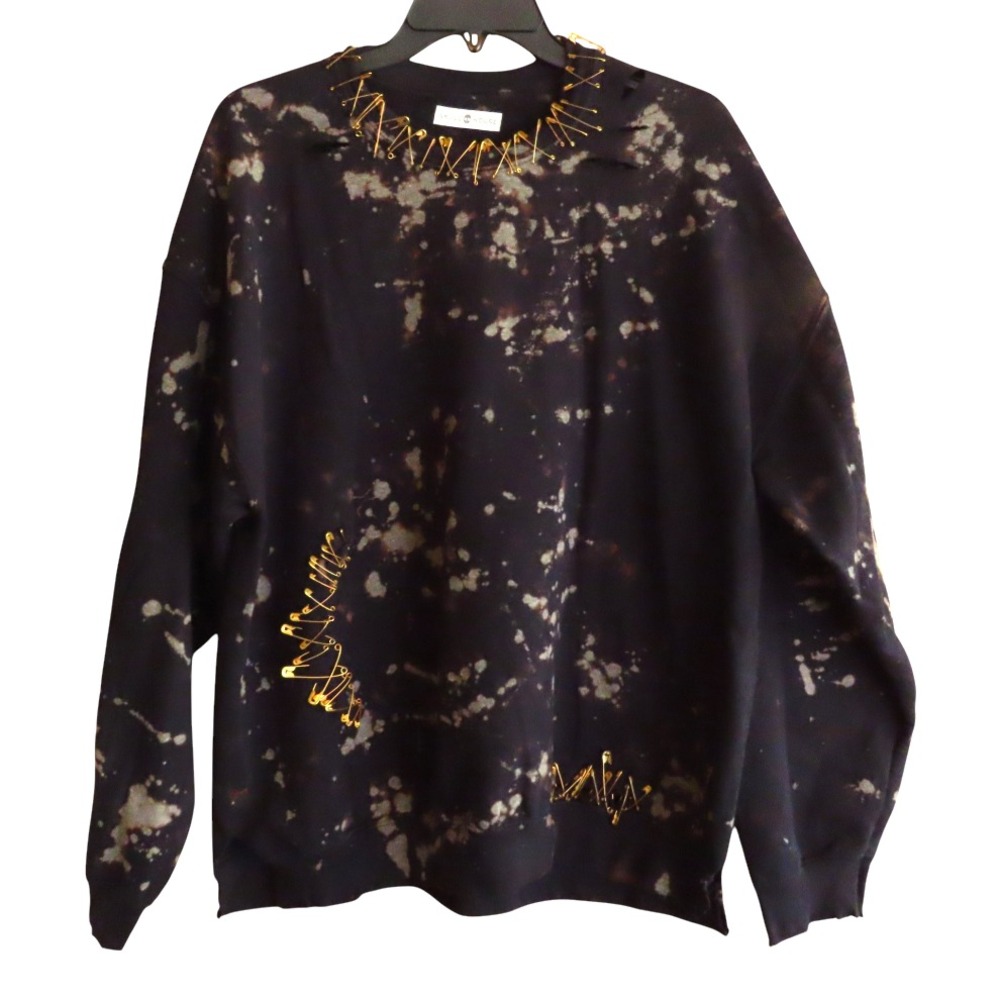 SKULL HOUSE Black Bleached Sweatshirt GOLD SAFETY PINS Shredded PUNK GRUNGE sz M